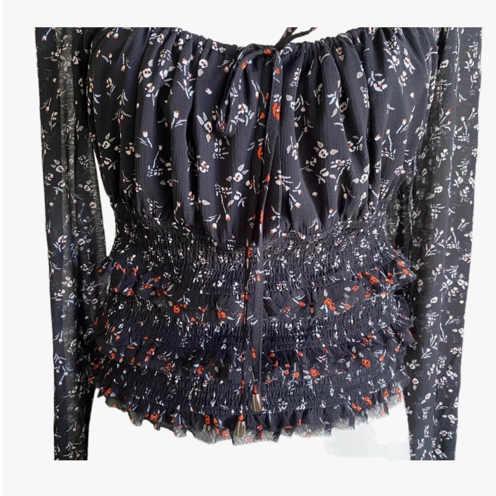 Free People Womens Black Floral Crop Top Balloon Sleeve Peasant Blouse M